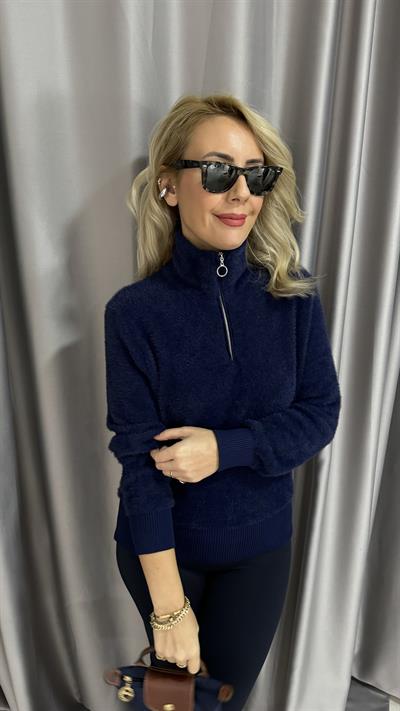 Yarım Fermuarlı Sakallı Yumuşacık Lacivert Triko