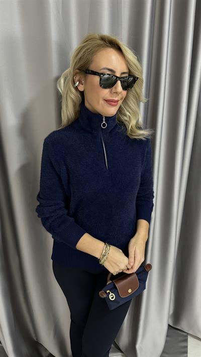 Yarım Fermuarlı Sakallı Yumuşacık Lacivert Triko