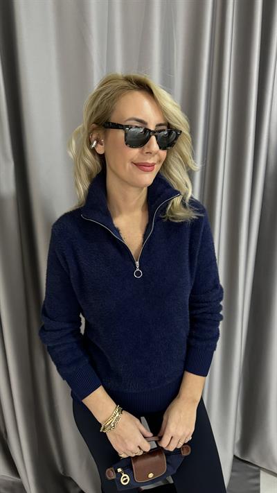 Yarım Fermuarlı Sakallı Yumuşacık Lacivert Triko