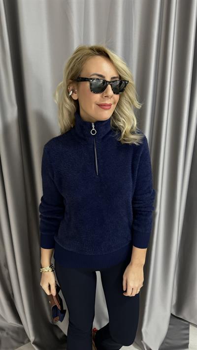 Yarım Fermuarlı Sakallı Yumuşacık Lacivert Triko