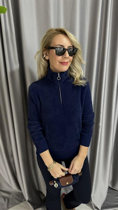 Yarım Fermuarlı Sakallı Yumuşacık Lacivert Triko