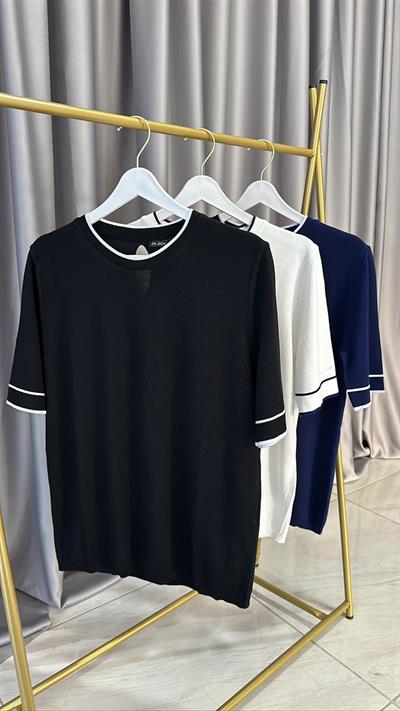 Yarım Kol, Beyaz Çizgili, Siyah Merserize Triko