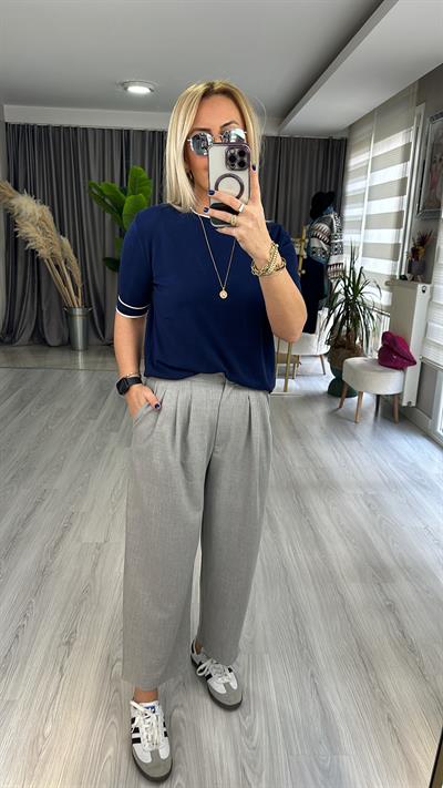YARIM KOL, BEYAZ ŞERİTLİ, LACİVERT MERSERİZE TRİKO