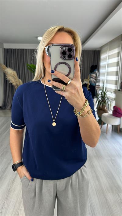 YARIM KOL, BEYAZ ŞERİTLİ, LACİVERT MERSERİZE TRİKO