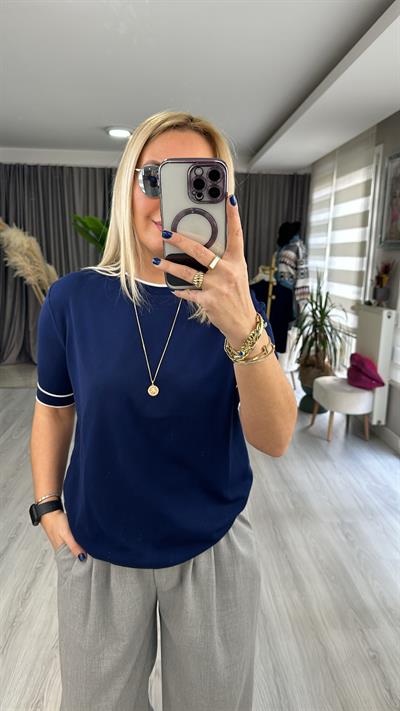 YARIM KOL, BEYAZ ŞERİTLİ, LACİVERT MERSERİZE TRİKO