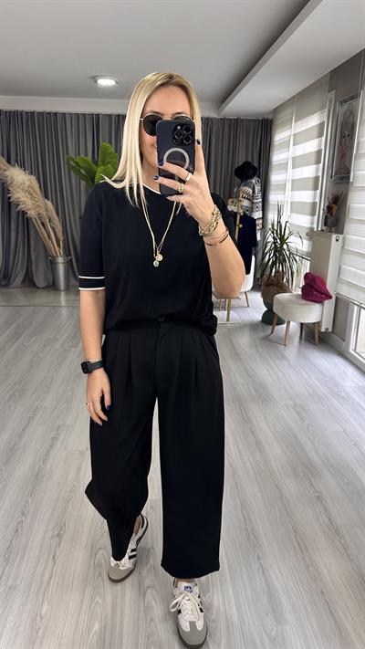 YARIM KOL, BEYAZ ŞERİTLİ, SİYAH MERSERİZE TRİKO