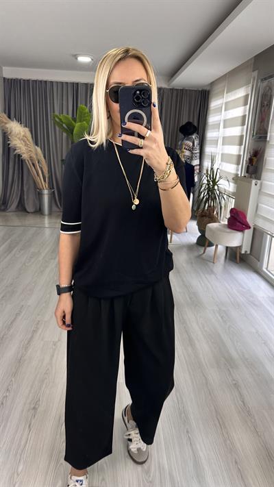 YARIM KOL, BEYAZ ŞERİTLİ, SİYAH MERSERİZE TRİKO