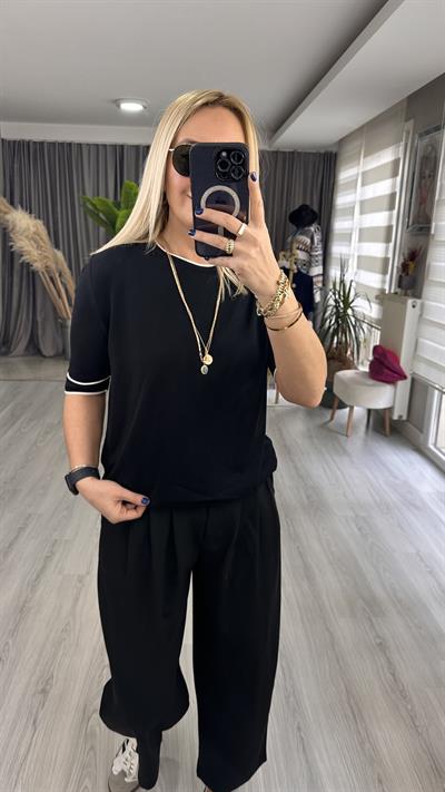 YARIM KOL, BEYAZ ŞERİTLİ, SİYAH MERSERİZE TRİKO