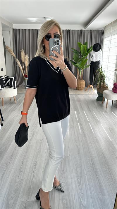 YARIM KOL, BEYAZ ŞERİTLİ, V YAKA SİYAH MERSERİZE TRİKO