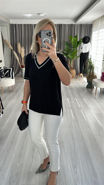 YARIM KOL, BEYAZ ŞERİTLİ, V YAKA SİYAH MERSERİZE TRİKO