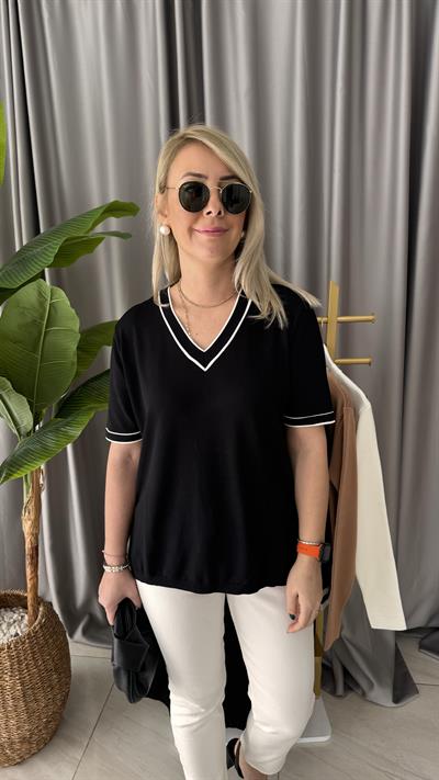 YARIM KOL, BEYAZ ŞERİTLİ, V YAKA SİYAH MERSERİZE TRİKO