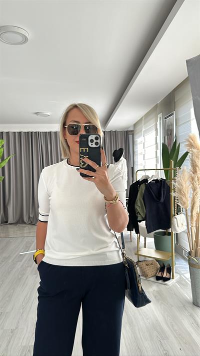 Yarım Kol, Lacivert Şeritli, Ekru Merserize Triko