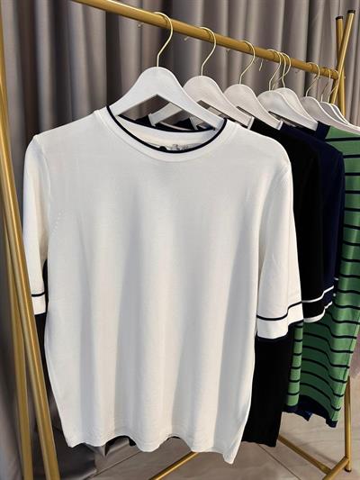 Yarım Kol, Lacivert Şeritli, Ekru Merserize Triko