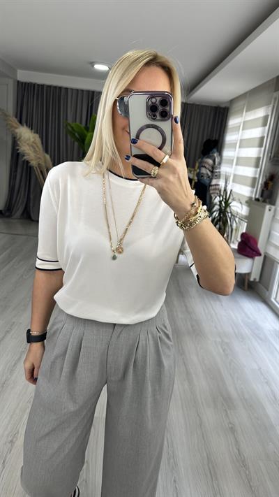 YARIM KOL, SİYAH ŞERİTLİ, EKRU MERSERİZE TRİKO