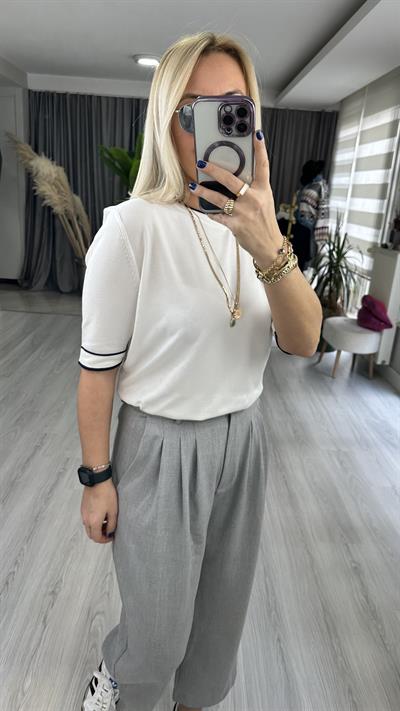 YARIM KOL, SİYAH ŞERİTLİ, EKRU MERSERİZE TRİKO