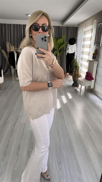 YARIM KOL, SİMLİ, V YAKA BEJ TRİKO