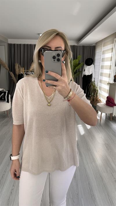 YARIM KOL, SİMLİ, V YAKA BEJ TRİKO