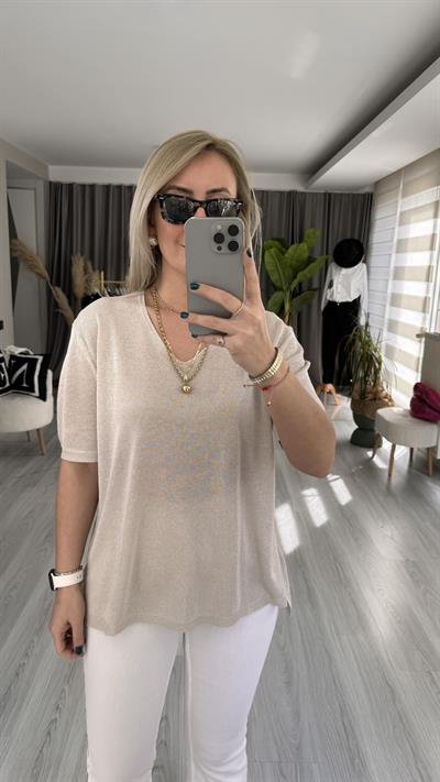 YARIM KOL, SİMLİ, V YAKA BEJ TRİKO