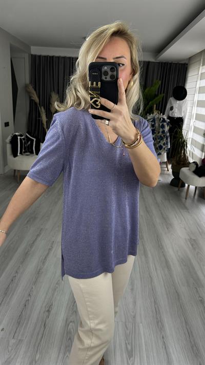 YARIM KOL, SİMLİ, V YAKA LİLA TRİKO