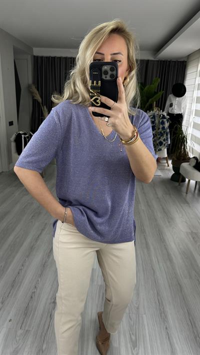 YARIM KOL, SİMLİ, V YAKA LİLA TRİKO