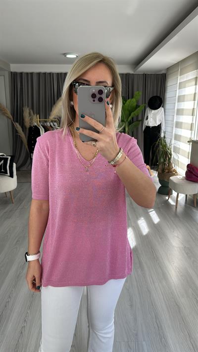 YARIM KOL, SİMLİ, V YAKA PEMBE TRİKO