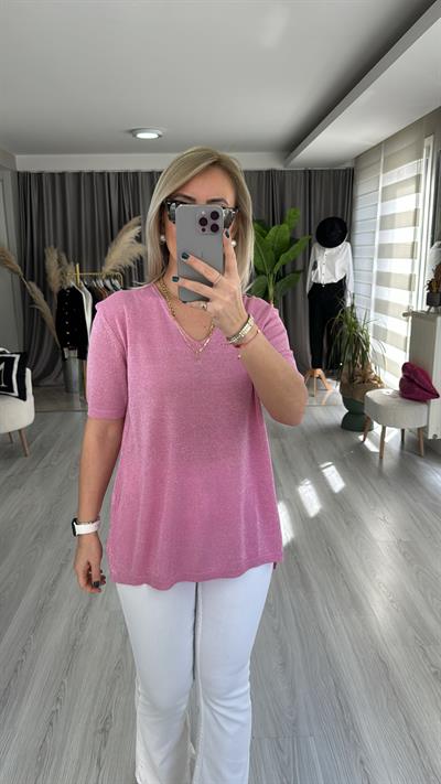 YARIM KOL, SİMLİ, V YAKA PEMBE TRİKO