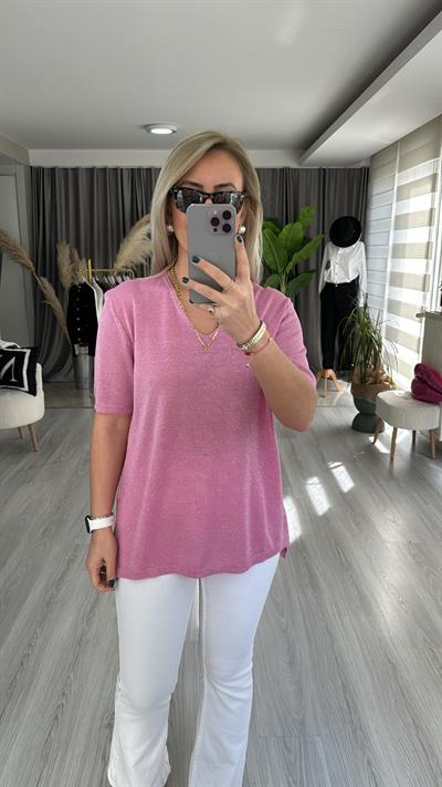 YARIM KOL, SİMLİ, V YAKA PEMBE TRİKO