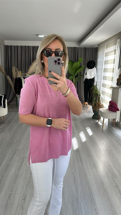 YARIM KOL, SİMLİ, V YAKA PEMBE TRİKO