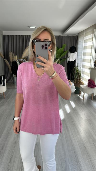 YARIM KOL, SİMLİ, V YAKA PEMBE TRİKO