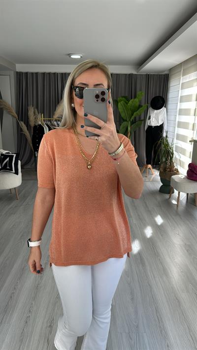 YARIM KOL, SİMLİ, V YAKA TURUNCU TRİKO