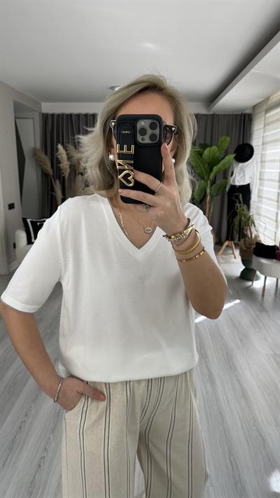 YARIM KOL, YAKA VE KOLU SİM DETAYLI EKRU TRİKO