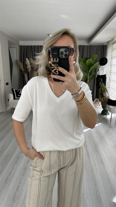 YARIM KOL, YAKA VE KOLU SİM DETAYLI EKRU TRİKO