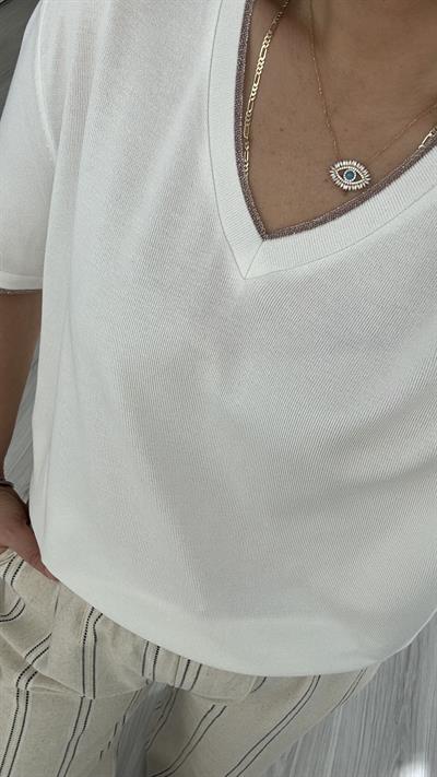 YARIM KOL, YAKA VE KOLU SİM DETAYLI EKRU TRİKO