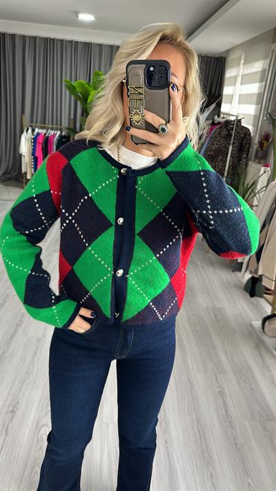 YEŞİL LACİVERT BAKLAVA DESENLİ HIRKA