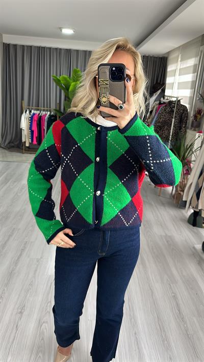 YEŞİL LACİVERT BAKLAVA DESENLİ HIRKA