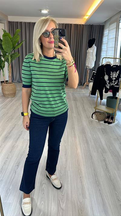 Yeşil Lacivert Çizgili Merserize Triko