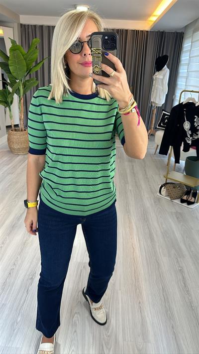 Yeşil Lacivert Çizgili Merserize Triko