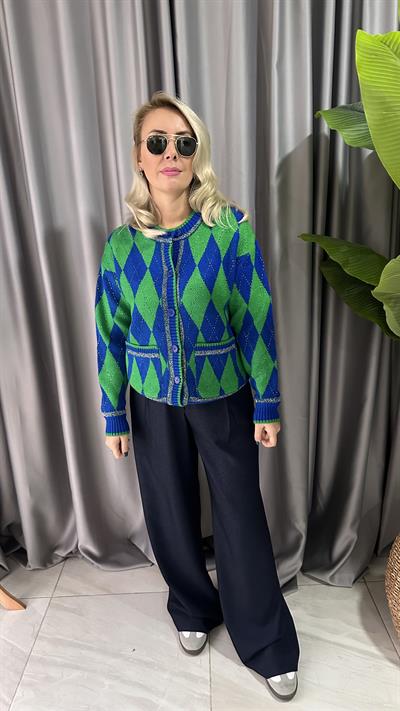 YEŞİL MAVİ BAKLAVA DESENLİ TRİKO HIRKA