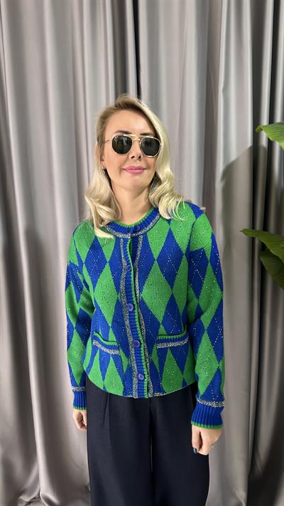 YEŞİL MAVİ BAKLAVA DESENLİ TRİKO HIRKA
