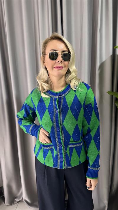 YEŞİL MAVİ BAKLAVA DESENLİ TRİKO HIRKA