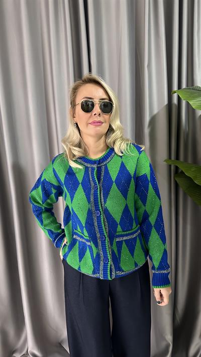 YEŞİL MAVİ BAKLAVA DESENLİ TRİKO HIRKA