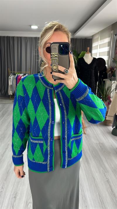 YEŞİL MAVİ BAKLAVA DESENLİ TRİKO HIRKA