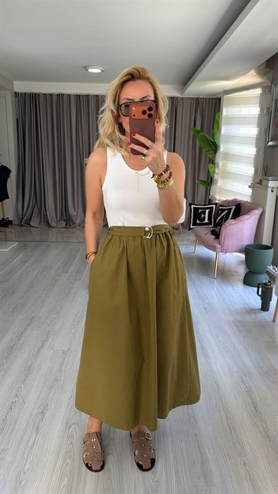 Yeşil Poplin Etekli Kemerli Elbise