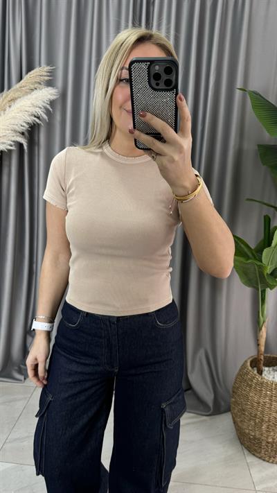 YIKAMA EFEKTLİ BEJ TİŞÖRT