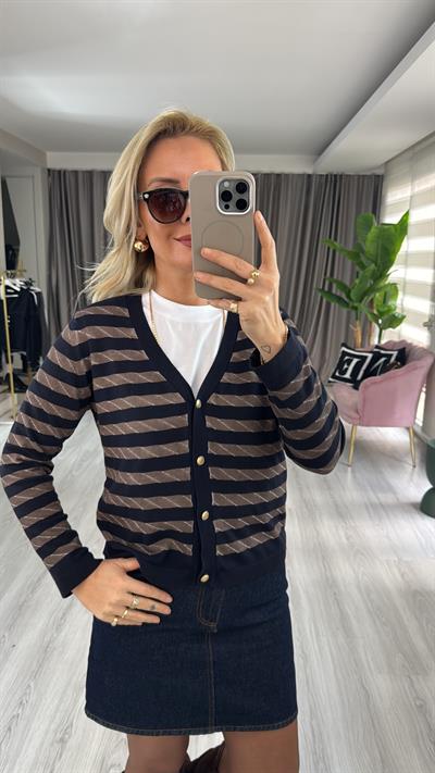 Yıkamalı Kahve Çizgili Lacivert Triko Hırka