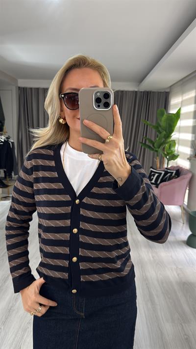 Yıkamalı Kahve Çizgili Lacivert Triko Hırka