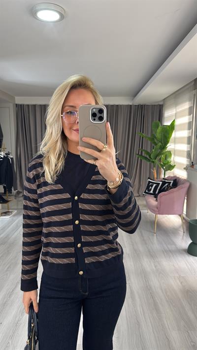 Yıkamalı Kahve Çizgili Lacivert Triko Hırka