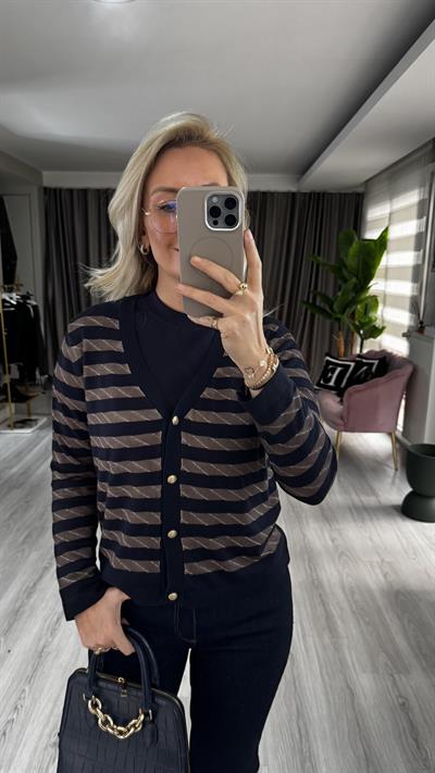 Yıkamalı Kahve Çizgili Lacivert Triko Hırka