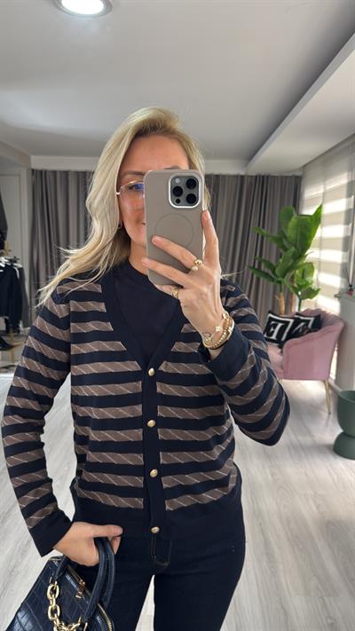 Yıkamalı Kahve Çizgili Lacivert Triko Hırka