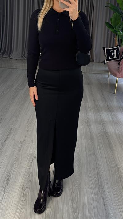 Yırtmaçlı Siyah Midi Kalem Etek